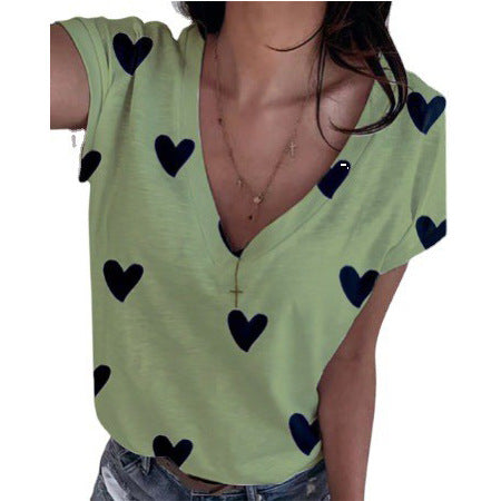 Summer Women's Loose V-Neck 3D Heart Print T-Shirt