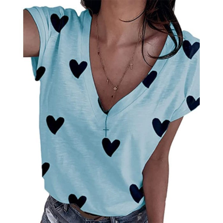 Summer Women's Loose V-Neck 3D Heart Print T-Shirt