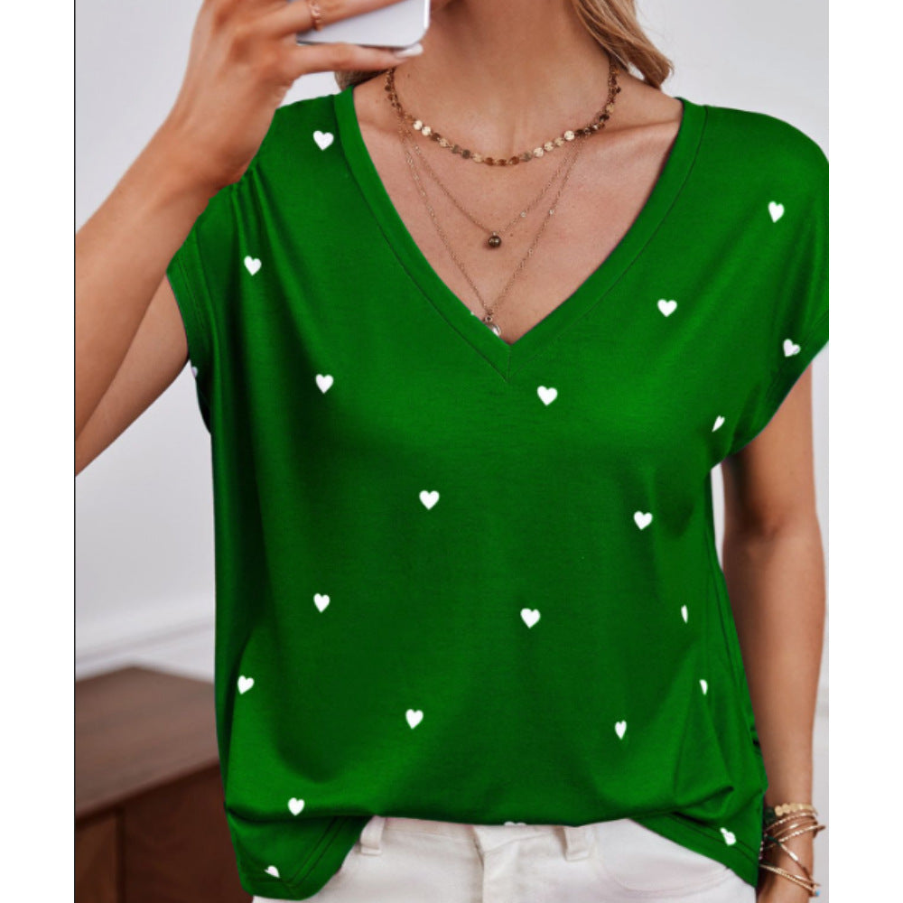 Summer Women's Loose V-Neck 3D Heart Print T-Shirt