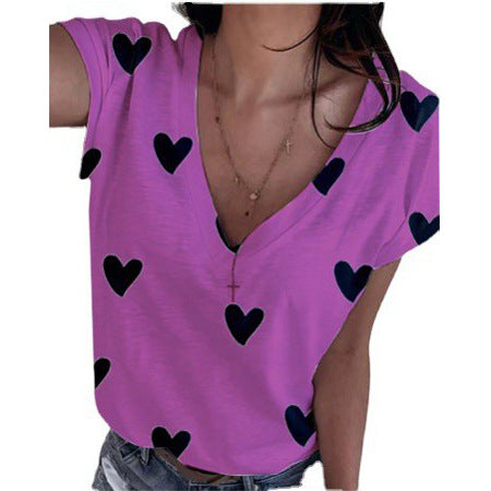Summer Women's Loose V-Neck 3D Heart Print T-Shirt