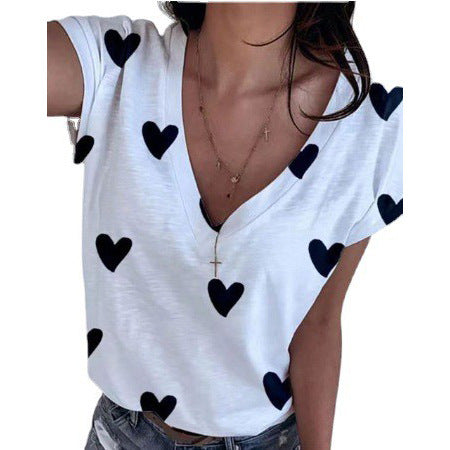 Summer Women's Loose V-Neck 3D Heart Print T-Shirt